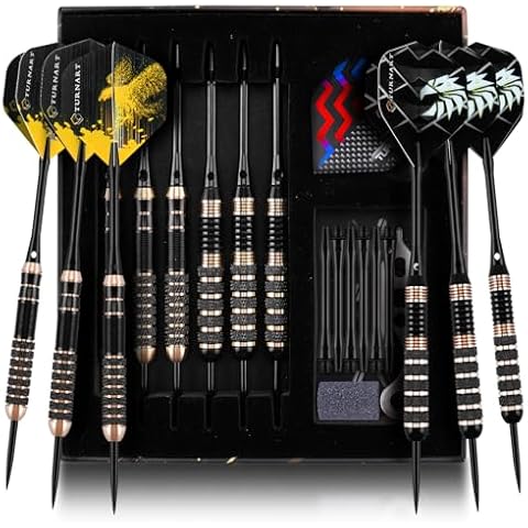 Turnart Darts Metal Tip Set - Professional Darts Brass Barrels Steel Tip Darts Darts Set 6 pcs 22/24 Grams 12 Aluminum Shafts 35/48 with Stylish Case (Brass) Cover