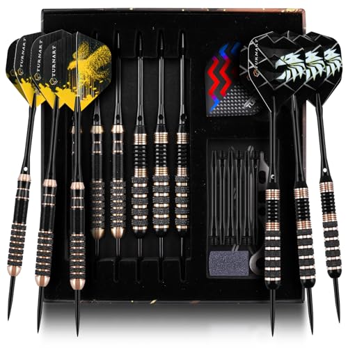 Turnart Darts Metal Tip Set - Steel Tip Darts Darts Set Professional Metal Darts Dart Board Set 12 Pcs 24 Gram 20 O-Rings Aluminum Darts Shafts 24 Extra Flights Darts Tool (6 Brass Dart)