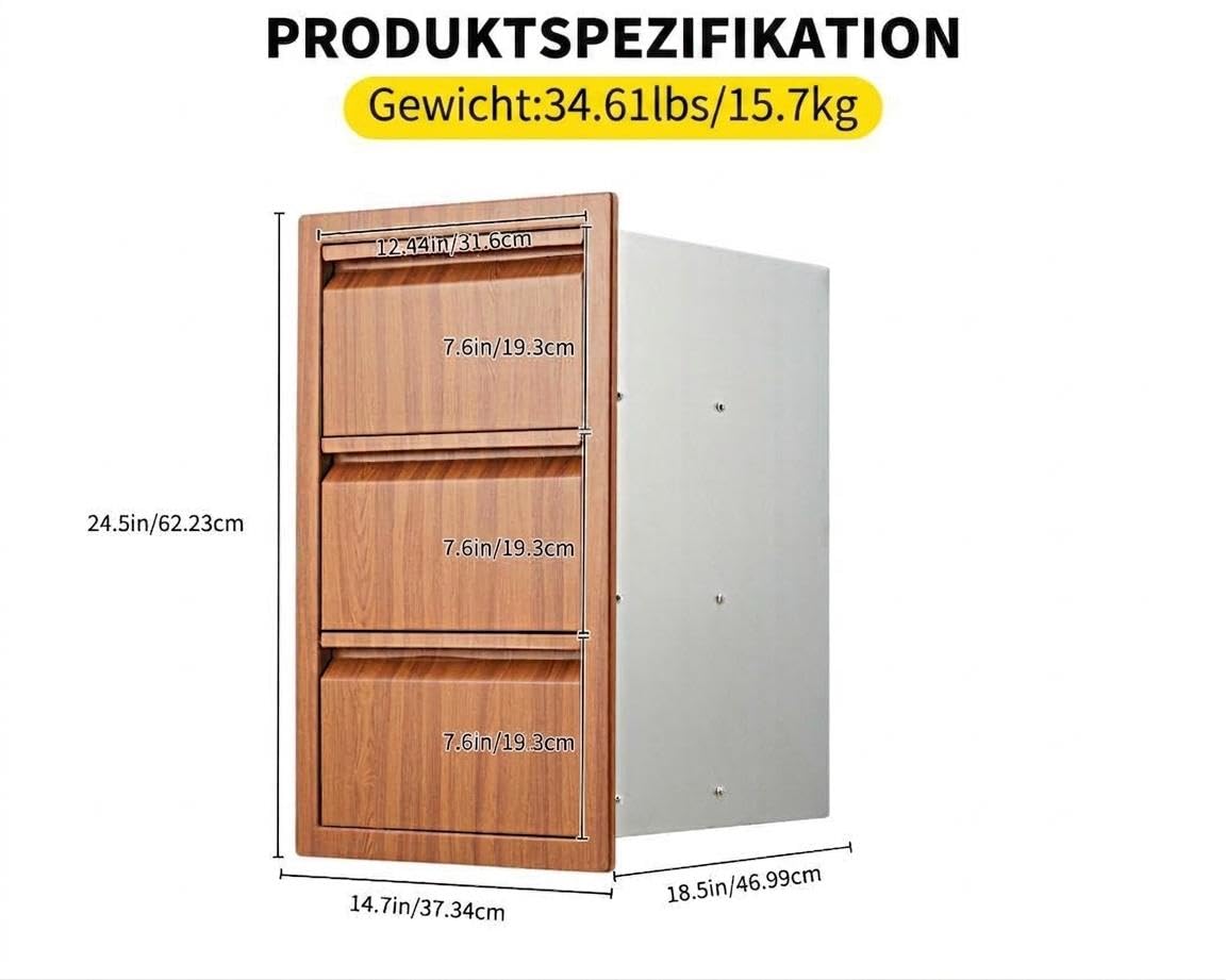 3 Schubladen Outdoor Küchenschrank aus Edelstahl – Schubladenschrank für Grillstation, Kücheninsel, Terrasse und Garten, Aufbewahrungsschrank für Außenküche, Balkon und Camping