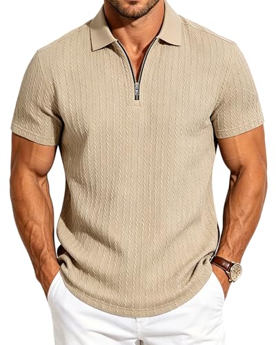 TRFIC Mens Quarter Zip Polo Shirts Casual Summer Knit Textured Short Sleeve Shirt Beach Vacation Stretchy Golf Shirts Khaki