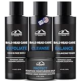 Mountaineer Brand Bald Head Care Gifts For Bald Men | All Natural 4 Step Daily Skin Care for Healthy Scalp & Face | Exfoliate Scrub | Cleanse Wash | Shine Away PH Balance | Protect Moisturizing Balm