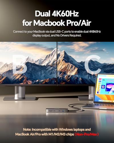 Image of MacBook Pro Docking Station Dual Monitor 4K@60Hz for MacBook Air /Pro M5 /M4 /M3 Pro & Max, Mac Docking Station Dual Monitor with 2 HDMI, PD, Ethernet, USB A /C 10Gbps, SD /TF, USB 2.0