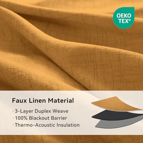 Image of 100% Blackout Shield Linen Textured Total Blackout Curtains for Bedroom 90 Inches Long, Mustard Yellow Grommet Curtains for Living Room, Thermal Insulated Room Darkening Drapes, 50 inchW x 90 inchL, 2 Panels