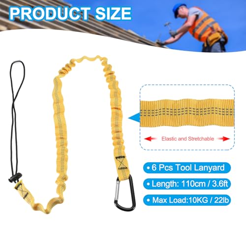 Image of MECCANIXITY Retractable Tool Lanyard 3.6ft with Single Aluminum Buckle and Adjustable Loop End, Maximum Weight Limit 10KG / 22lb, Safety Fall Protection Tools Leash, Yellow 6 Pack