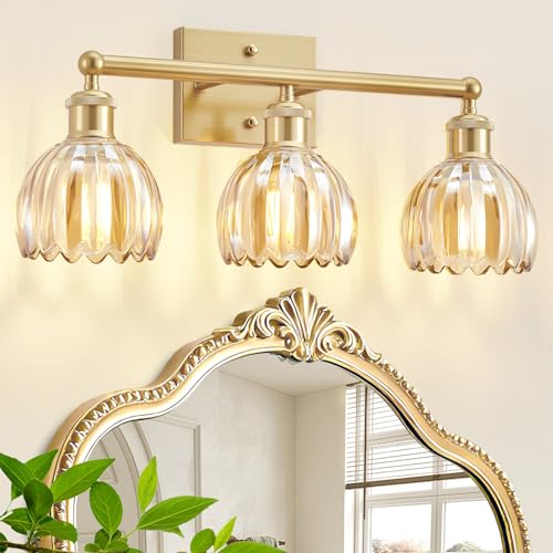 Image of Bathroom Vanity Light 3 Light, 20 in Brushed Brass Bathroom Light Fixtures, Vintage Wall Sconces,Bath Vanity Lights Over Mirror with Amber Tulip Glass Shade for Bedroom Living Room,E26 Base