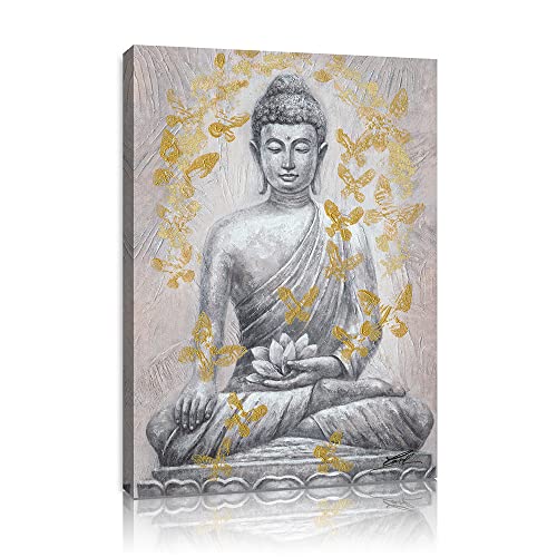 Buddha Canvas Wall Art Gold-Foil: Zen Statue Textured Print With Lotus Flower For Buddhism Prayer Wall Decor Inspirational Posters For Spa Yoga Room Decorations Framed Ready To Hang 12"X16" #TOP1