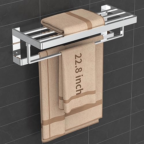 CAXIMSY Portasciugamani da 58 cm con due barre porta asciugamani per bagno, doccia e WC, con mensola da parete in acciaio inossidabile 304, senza adesivo per trapano (con barra portasciugamani