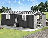 VanAcc 12x20x7.2 FT Outdoor Storage Shed with 2 Transparent Panels, Metal Garden Shed with Hinged Double Doors, Windows & Vents, Reinforced Steel Frame for Backyard Garden, DIY Workshop, Dark Gray