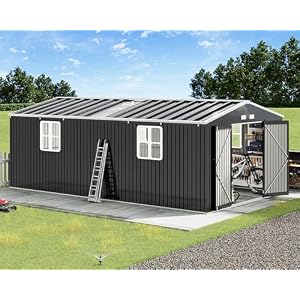 VanAcc 12x20x7.2 FT Outdoor Storage Shed with 2 Transparent Panels, Metal Garden Shed with Hinged Double Doors, Windows & Vents, Reinforced Steel Frame for Backyard Garden, DIY Workshop, Dark Gray