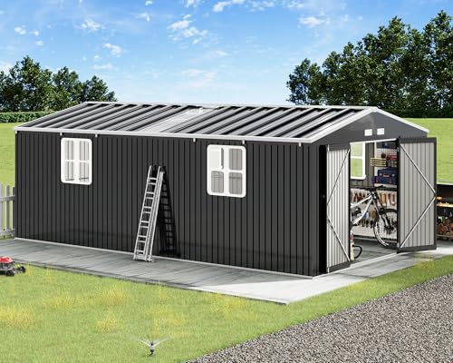 VanAcc 12x20x7.2 FT Outdoor Storage Shed with 2 Transparent Panels, Metal Garden Shed with Hinged Double Doors, Windows & Vents, Reinforced Steel Frame for Backyard Garden, DIY Workshop, Dark Gray