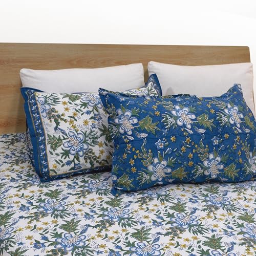 Image of TOAI Hand Block Printed Bedsheet | Bed Spread Flatsheet Bed Sheet | Pure Cotton | Queen Size 90 inchx108 inch | 210 TC Long Staple Cotton | 2 Reversible Pillow Covers |Blue Green Motives On White