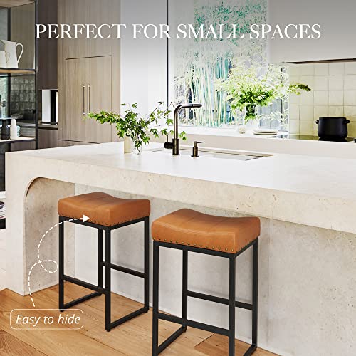 Lue Bona Counter Height Bar Stools, 24" Square Saddle Barstools Set Of 4, Modern Backless Faux Leather Counter Stool With Black Metal Legs For Kitchen Island Counter,Home Bar,Bistro,Whisky Brown #TOP2