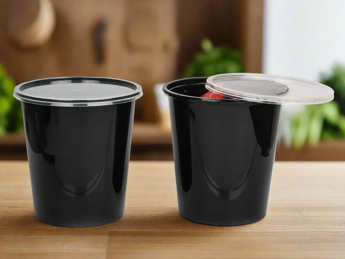 Hot Bargains Black Base Container 100 X 750Ml Heavy Duty Round Food Containers With Lids – Black, Bpa Free, Microwave & Freezer Safe, Leak-Proof Takeaway Storage (100, 750Ml)