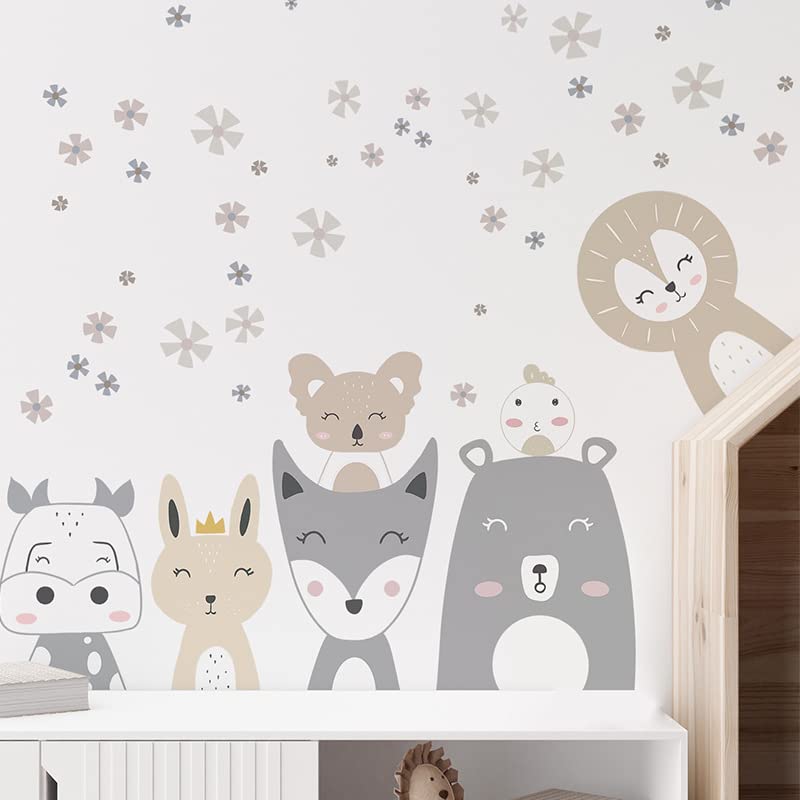 Image of Woodland Animal Wall Stickers for Nursery Kids Room | Cute Nordic Safari Forest Decals | Peel & Stick Wall Sticker for Bedroom Playroom Classroom | 2 Sheets (Each 90x30 cm) Covers 100x73 cm