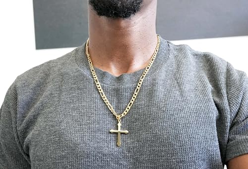 24K Gold Figaro Chain Style Cross Pendant Necklace 5MM Cross Necklace Clasp for MEN, WOMEN HUSBAND Thin for Charms Miami Cuban Link Diamond Cut Religious Holy3