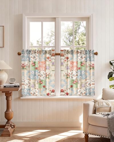 Image of Miss Adola Boho Kitchen Curtains - 30 Inch Length Linen Blend Vintage Floral Cafe Curtains Country Tier Curtain Short Drapes Rod Pocket for Bathroom Living Room Windows Light Filtering, 2 Panels
