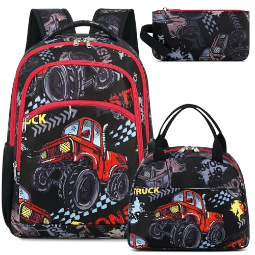 Kids Backpack for Little Boys Cute Truck Preschool Bookbag with Lunch Box Pencil Case Set Toddler Kindergarten School Bag