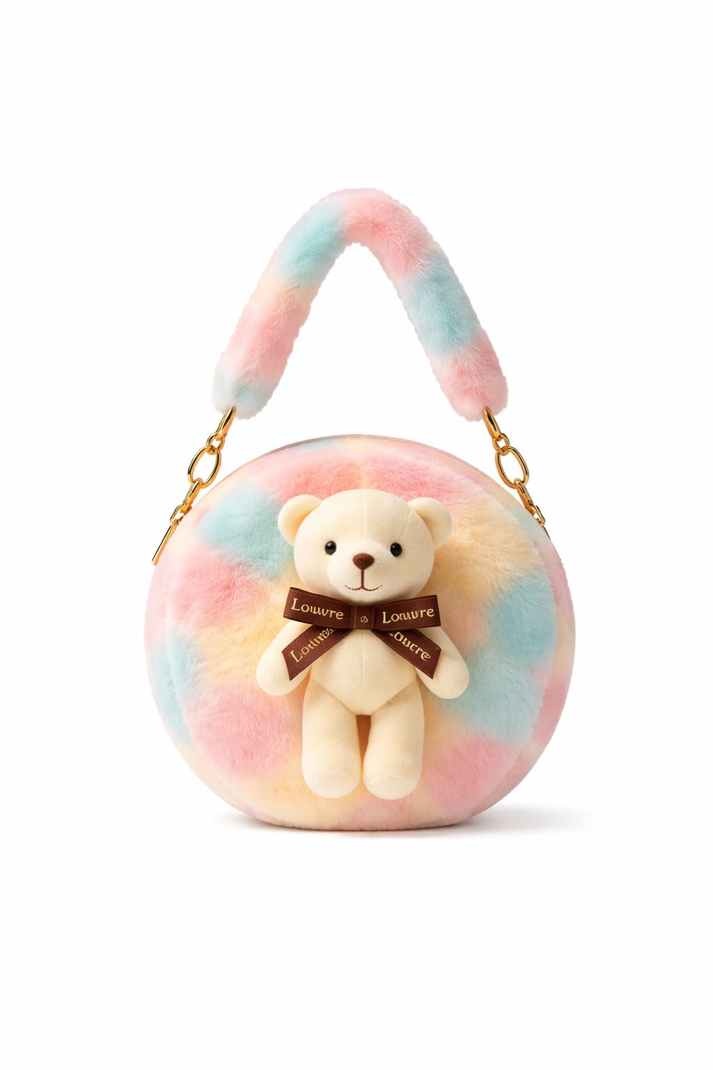 ryson r Round Teddy Bear Sling Bag, Pastel Rainbow with Gold Stars, Plush Crossbody Purse with Chain Strap-picture-57