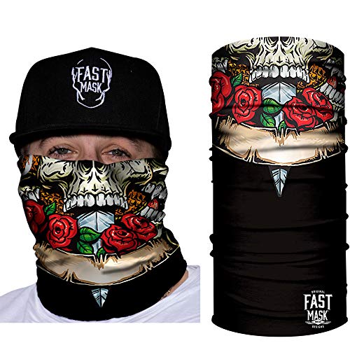 Fast Mask Tubular Face Mask, Tubular Bandana Skulls N Roses Design, Breathable Fabric, 100% Polyester Microfiber Face Protection with SPF 40 for Men and Women