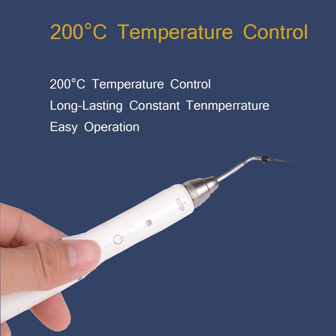Close-up of the Gutta Percha Obturation Pen tip with 200°C temperature control indication