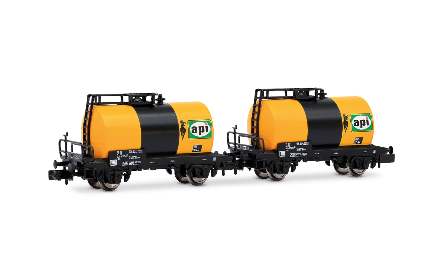 ARNOLD HN6747 FS, 2-teiliges Set zweiachsiger Kesselwagen „Api“, Ep. IV, Modellbahn-Rollmaterial Waggons, ab 14 Jahren