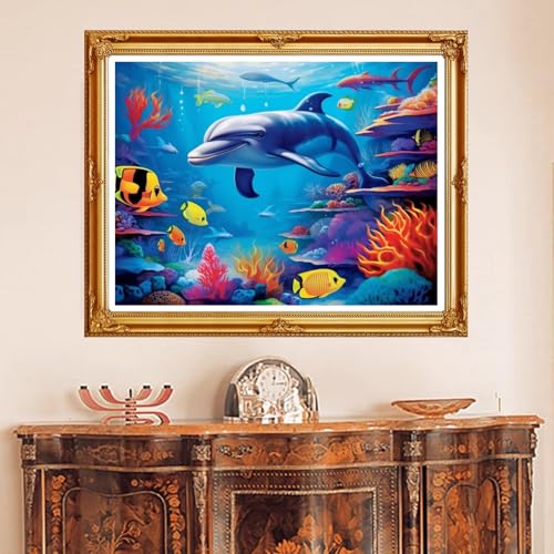 Image of DMCVIVR Stamped Cross Stitch Kits for Beginners Adults Needlepoint Kits for Beginners Embroidery Kits for Adults Crossstitch Kit for Beginners 11CT-Dolphin Underwater World 16x20 inch