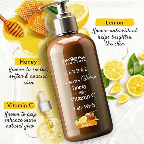 Image of Drontika Wild & Pure Nature Detox Body Wash, 1000ml Shower Gel, 100% Natural Lemon & Honey With Citrus Essential Oil & Lemongrass Extracts for pH Balanced, Free of Parabens & Silicones