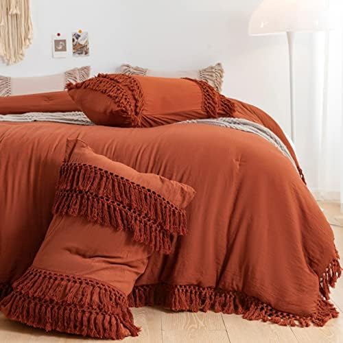 SexyTown Terracotta Comforter with Boho Tassel King Size, Burnt Orange Rust Red Comforter Sets, Bohemian Farmhouse Bedding 100% Stone-Washed Microfiber 3PCS Ultra Soft (King, Terracotta)