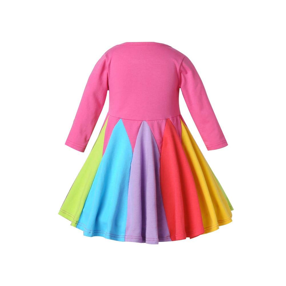 Toddler Kids Baby Girl Rainbow Princess Dresses Long Sleeve Ruffle Strap Dress A-line Twirly Skater Sundress Bridesmaid Wedding Pageant Party Communion Birthday Outfits Rainbow Hot Pink 5-6 Years