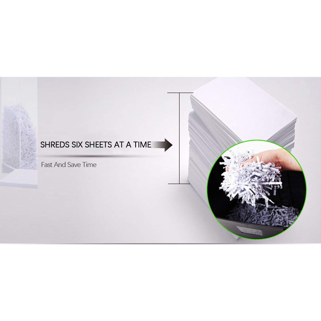 Trituradora silenciosa para papel, tritura 6 hojas a la vez, tiempo de funcionamiento de 10 minutos, tamaño de corte de 5 x 40 mm, cubo de basura de 15 litros de capacidad