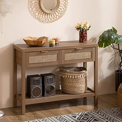 SICOTAS Console Table with Rattan Drawers - Boho Rattan Entryway Table with Storage, Wood Small Console Tables for Entryway, Entry Table for Hallway, Sofa Table Cover