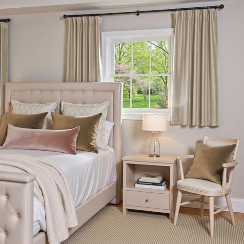Image of Beige Velvet Curtains Neutral Rod Pocket 52x63 Inch 2 Panels | Soft Velvet, Room Darkening, For Small Windows, Kitchens & Bathrooms, Light Shifting Texture, Elegant Drape, Cozy