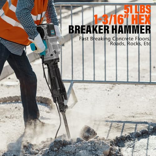 Image of Berserker 2100W 50-Pound Demolition Jack Hammer 125K with 1-3 /16 inch Hex,17Amp | Full-Size Heavy duty Corded Electric Concrete /Pavement Breaker with Wheeled Carrying Case, Flat Chisel, Bull Point Chisel