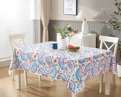 Newbridge Boho Chic Paisley Print Vinyl Flannel Backed Tablecloth, Shabby Chic Spring and Summer Paisley Vinyl Tablecloth with Flannel Backing, 60 Inch x 120 Inch Oblong/Rectangle