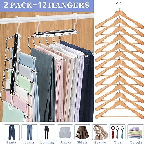 MOYKSRR 6 in 1 Hosenbügel, 2 Stück rutschfeste Magische Hosenbügel, Hosen Kleiderbügel aus Edelstahl Ausziehbar, Kleiderbügel Platzsparend für Hosen, Schals, Jeans, Kleidung, Handtücher - Schwarz