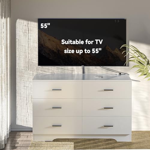 FJTJBSI Dresser with Power Outlets Wooden 6 Drawer Dresser with USB and Type C Port Chest of Drawers for Bedroom Tall White Storage Organizer for Living Room Hallway Closet
