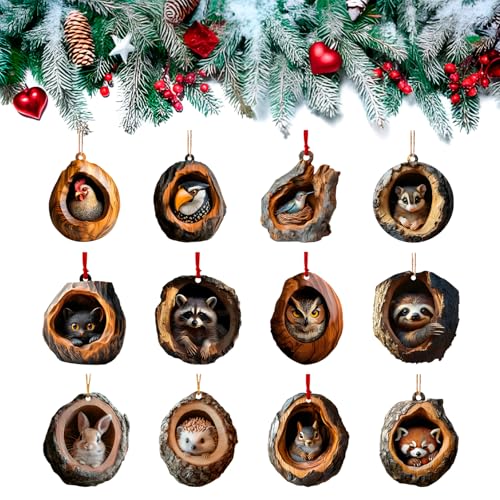 Animal Christmas Ornament,3D Flat Acrylic Forest Animal Decoration, Forest Animal Decoration, Acrylic Hanging Woodland Pendant for Xmas Tree Decorations, Hanging Ornament Home Party Decor (12 PCS)