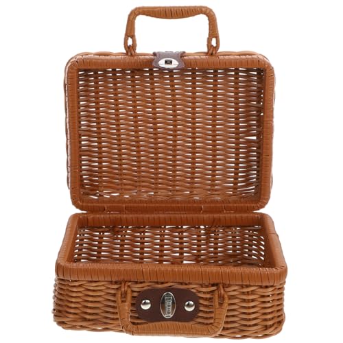 MAGICLULU 3 Piezas Cesta De Picnic Portátil Maleta Tejida Caja De Almacenamiento Estuche Retro Tejido a Mano Caso De Ratán De Simulación Cesta De Picnic De Imitación De Ratán Páginas Khaki