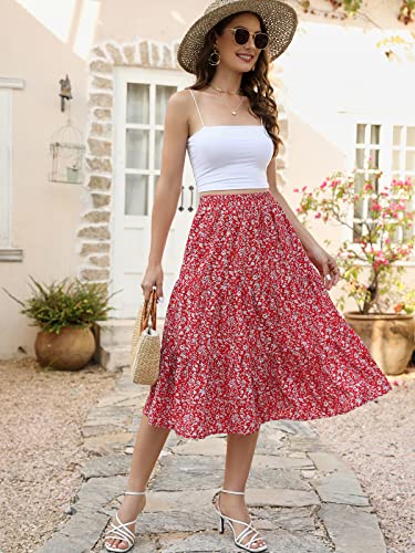 Lyrur Summer Skirts Women's Elastic Waist Tiered Ruffle Flowy Beach Casual Floral Midi Skirts With Pockets(L,9193-Rd Floral) #TOP5