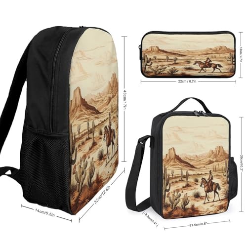 Printed Backpack With Lunch Pack Storage Box Case Cactus Cowboys Riding Horses 3pcs Lightweight Travel Backpack2
