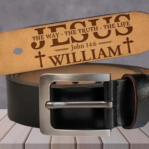 Jesus The Way The Truth The Life - Personalized Engraved Leather Belt, Engraved Custom Leather Belt with Name, Unique Valentine Gift for Husband Him, Personalized Prayer Belt For Men, Positive Affirmations Belt, Christian Gift Religious Gifts, God Says I Am3