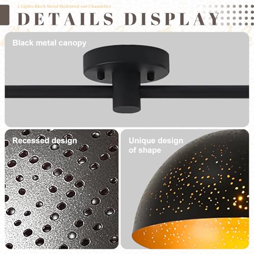 Image of 2-Light Black Linear Pendant Light, Metal Hanging Lamp Matte Finish