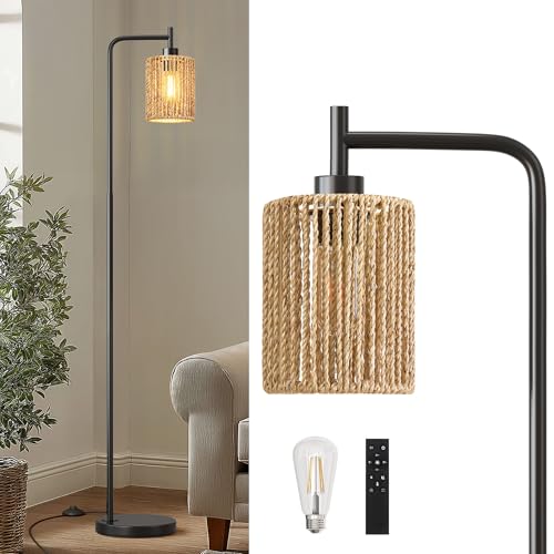 Image of Oneach 66 inch Black Floor Lamp for Living Room, Boho Floor Lamp with Remote Control and LED Bulb, Rattan Shade, Industrial Tall Farmhouse Standing Lamp for Bedroom, Dining Room, Study Room, Office