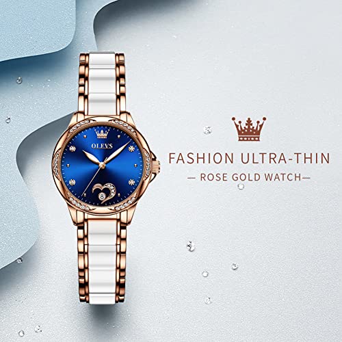 Image of OLEVS Watches for Women Dress Roman Numerals Diamonds Stainless Steel Waterproof Silver Designer Metal Date Expanding Bracelet Ladies Wrist Watch, Blue, 华丽的