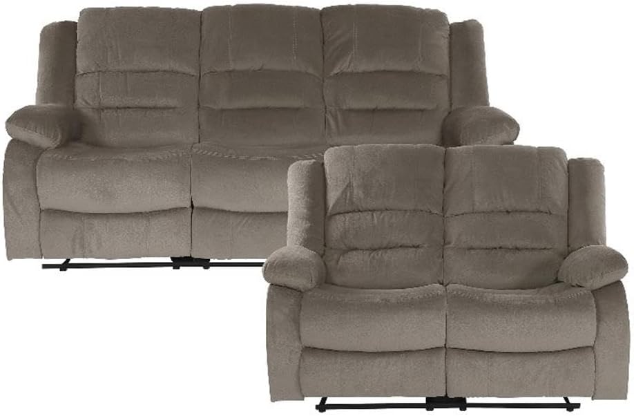 Pemberly Row Microfiber 2-Piece Manual Reclining Sofa Set, Chocolate Upholstery, Solid Wood Frame, 300 lbs Capacity, Plush Padded Seats, Tab Pull Recliner, Cozy Living Room Seating Furniture