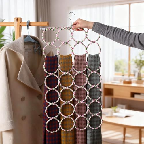 Binjor 2-Teiliges Set Faltbarer Schalhaken, 28 Hakenringe, Platzsparender Kleiderständer, Rutschfestes Material, Multifunktionaler Aufhänger, Geeignet für Kleidung, Krawatten, Schals und Gürtel
