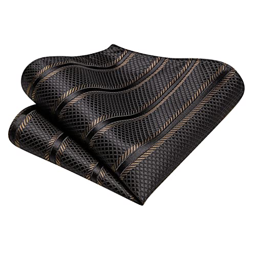 Hi-Tie Black Brown Stripe Men's Tie Set Jacquard Silk Necktie For Formal Dress Wedding Business With Handkerchief Lapel Pin #TOP5
