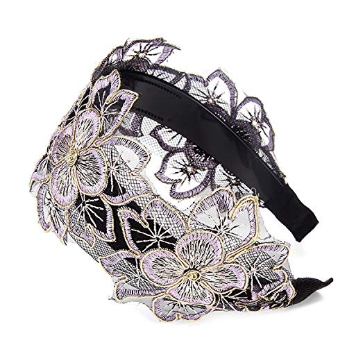 Honey bean women's wide-brimmed lace flower headband, breathable women’s headwear, multifunctional fashion headband, headband hairpin, shiny female crown curling hairband (champagne gold)
