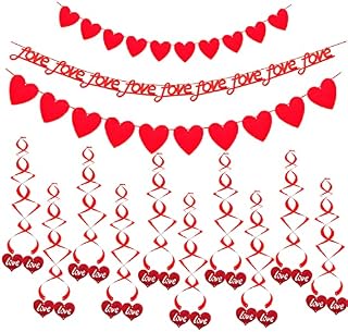 12pcs Red Foil Love Heart Cutouts Hanging Streamers and Red Heart Shape Love Bunting Banner for Valentines Day Decor Wedding Anniversary Engagement Bridal Shower Decoration
