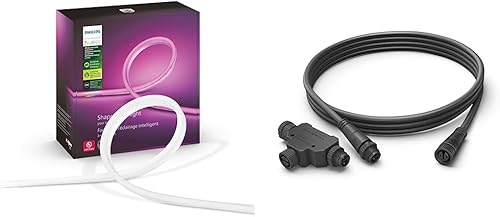 Philips Hue White and Color Ambiance - Tira de luz para exteriores de 7 pies + cable Philips Hue Outdoor de 8 pies y conector en T